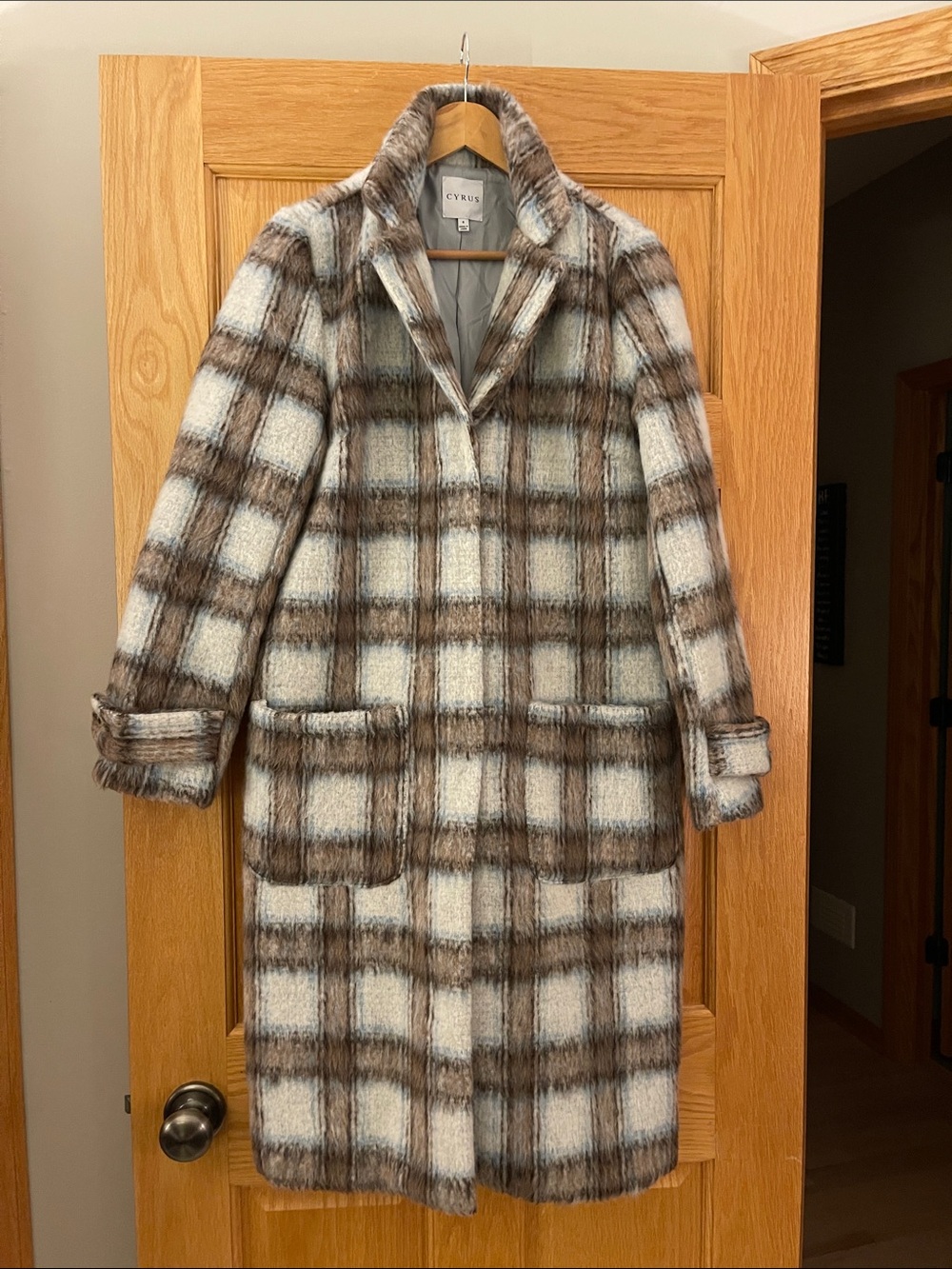 Cyrus Plaid Long Trench Coat in Brown & Cream